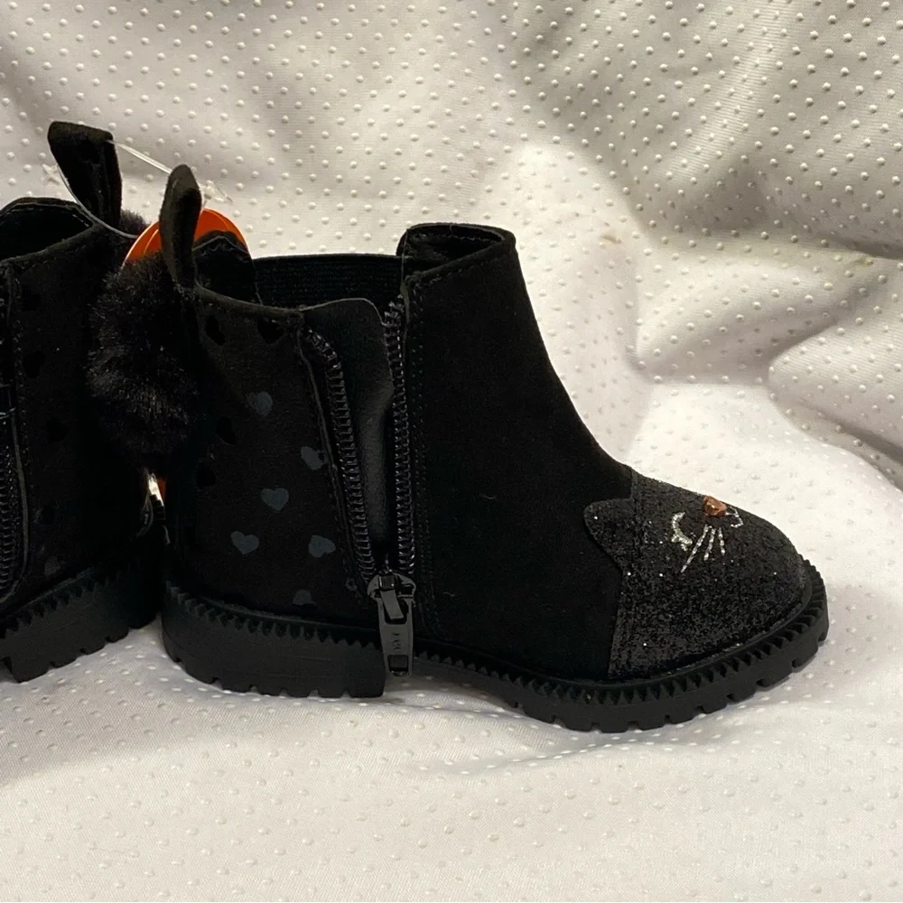 Wonder Nation Shoes Girls Size 5 Black‎ Side Zip New With Tags Cat Print